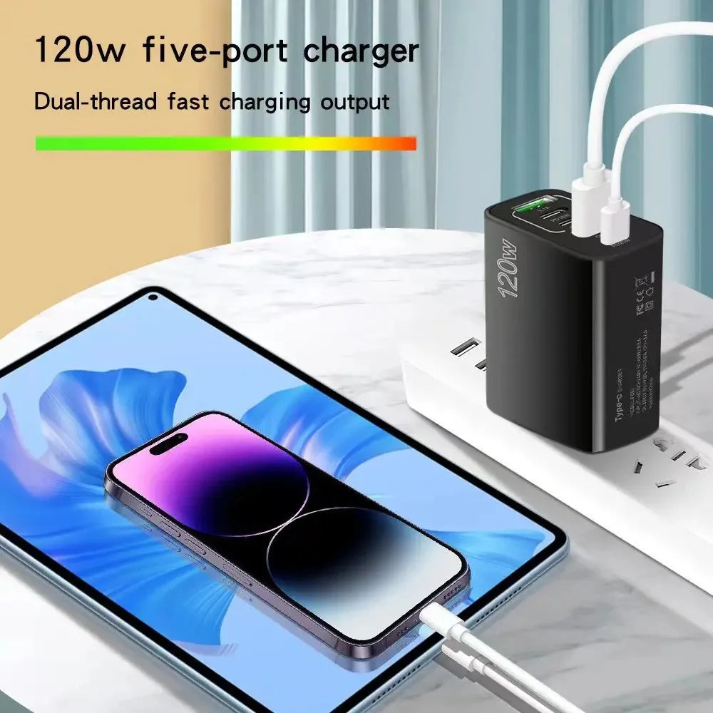 Type-C 120W USB Wall Charger 5 Ports Fast Charging Adapter | Rapid Charging for iPhone, Android & More