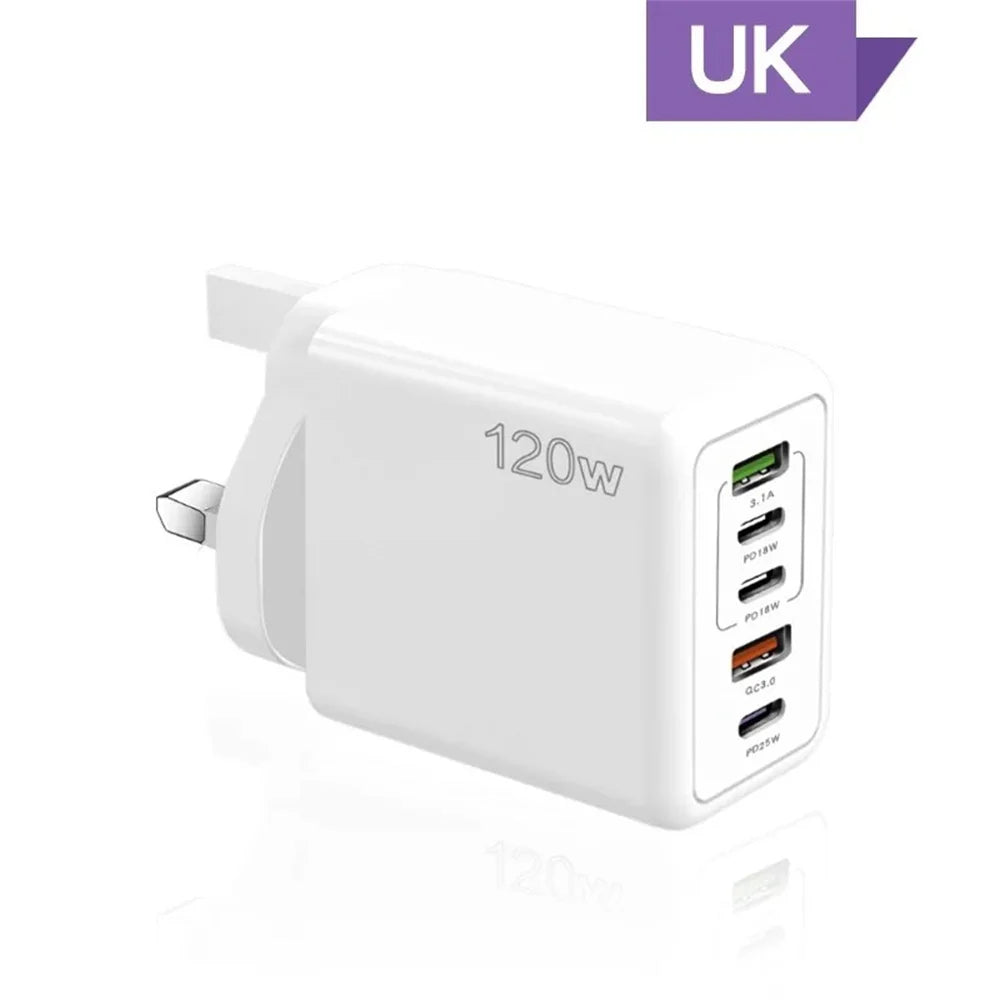 Type-C 120W USB Wall Charger 5 Ports Fast Charging Adapter | Rapid Charging for iPhone, Android & More