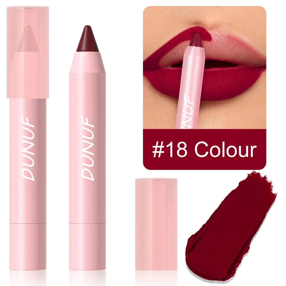 18-Color Waterproof Lipstick Pencil – Matte, Long-Lasting & Non-Stick Cup