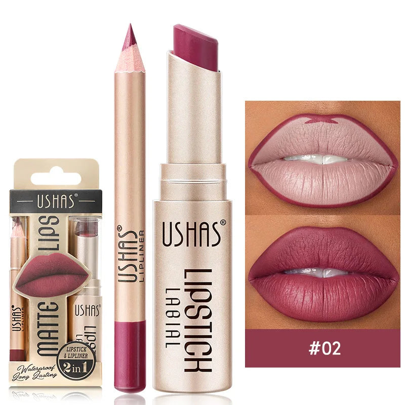 USHAS 12-Color Lip Liner & Lipstick Set – Matte, Long-Lasting & Easy to Apply