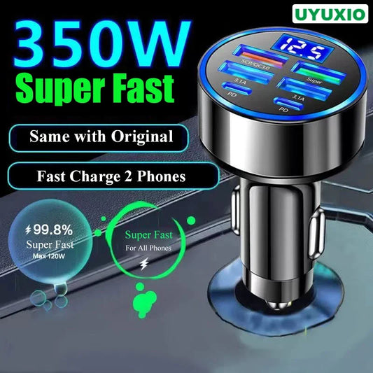 6-in-1 USB-C 350W Super Fast Car Charger with Voltage Display & Dual PD Fast Charging for iPhone/Samsung/More