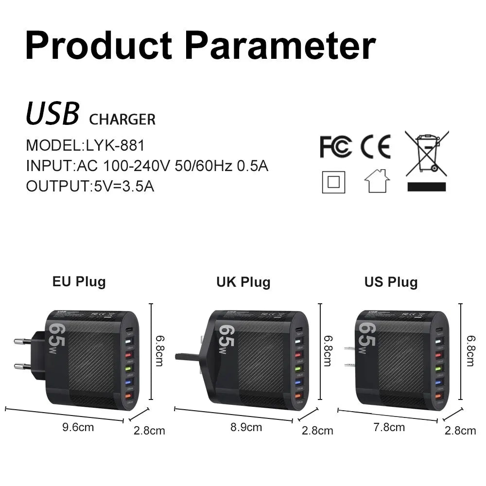 5-Port 3.1A USB Wall Charger QC 3.0 Fast Charging Adapter for iPhone, Xiaomi, Samsung