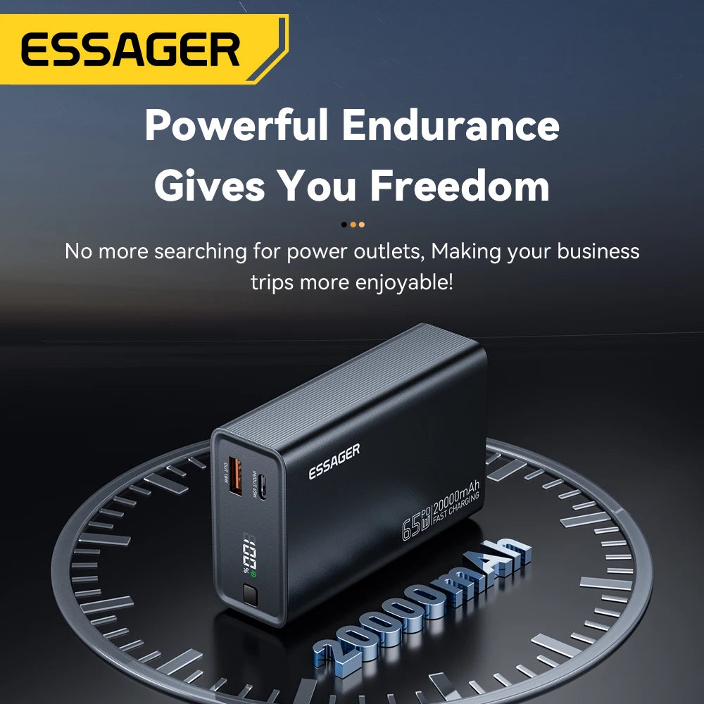 Essager 20000mAh Power Bank 65W PD Fast Charging for Phone, Laptop & Tablet