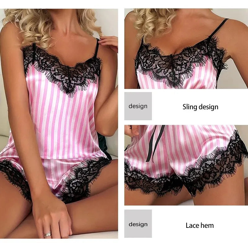 Elegant Lace V-Neck Pajama Set – Camisole Top and Shorts Sleepwear