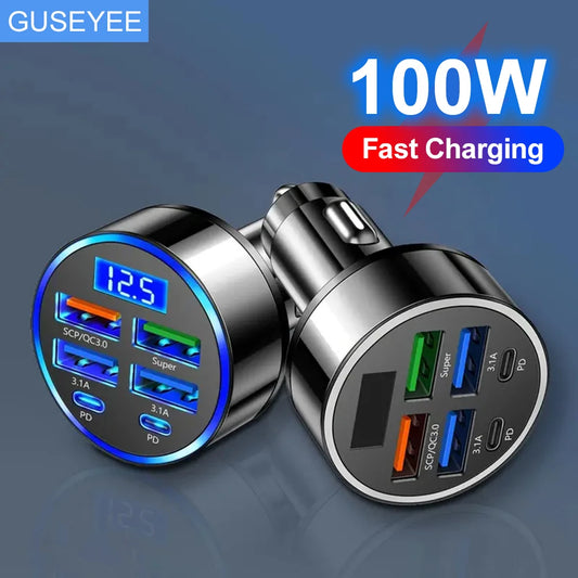 100W 6-Port Car Charger | Fast PD QC3.0 USB-C Adapter for iPhone Samsung Xiaomi Huawei