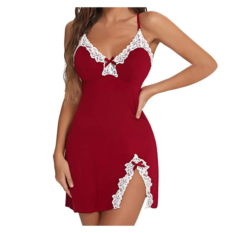 Romantic Lace-Trimmed Satin V-Neck Nightdress – Deep V-Neck Sleepwear