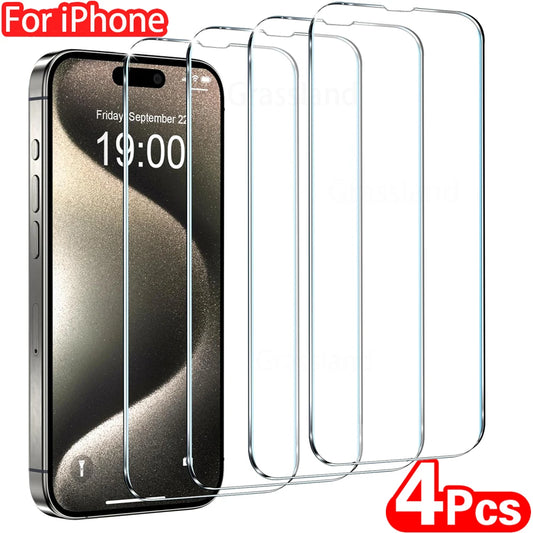 4Pcs Tempered Glass Screen Protector for iPhone 16 15 14 13 12 11 Pro Max - Full Coverage