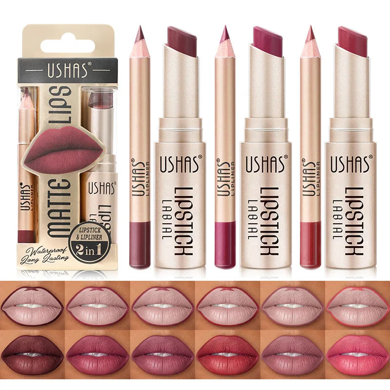 USHAS 12-Color Lip Liner & Lipstick Set – Matte, Long-Lasting & Easy to Apply