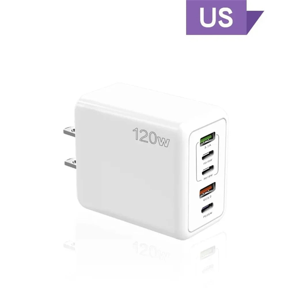 Type-C 120W USB Wall Charger 5 Ports Fast Charging Adapter | Rapid Charging for iPhone, Android & More
