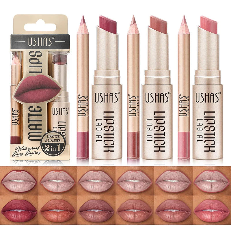 USHAS 12-Color Lip Liner & Lipstick Set – Matte, Long-Lasting & Easy to Apply