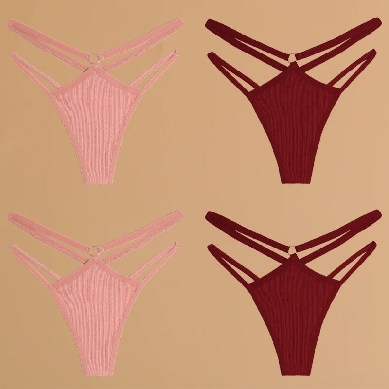 4Pcs Double Belt Thongs Panty Set – Cotton , Low Waist, Breathable Comfort Underwear For Women