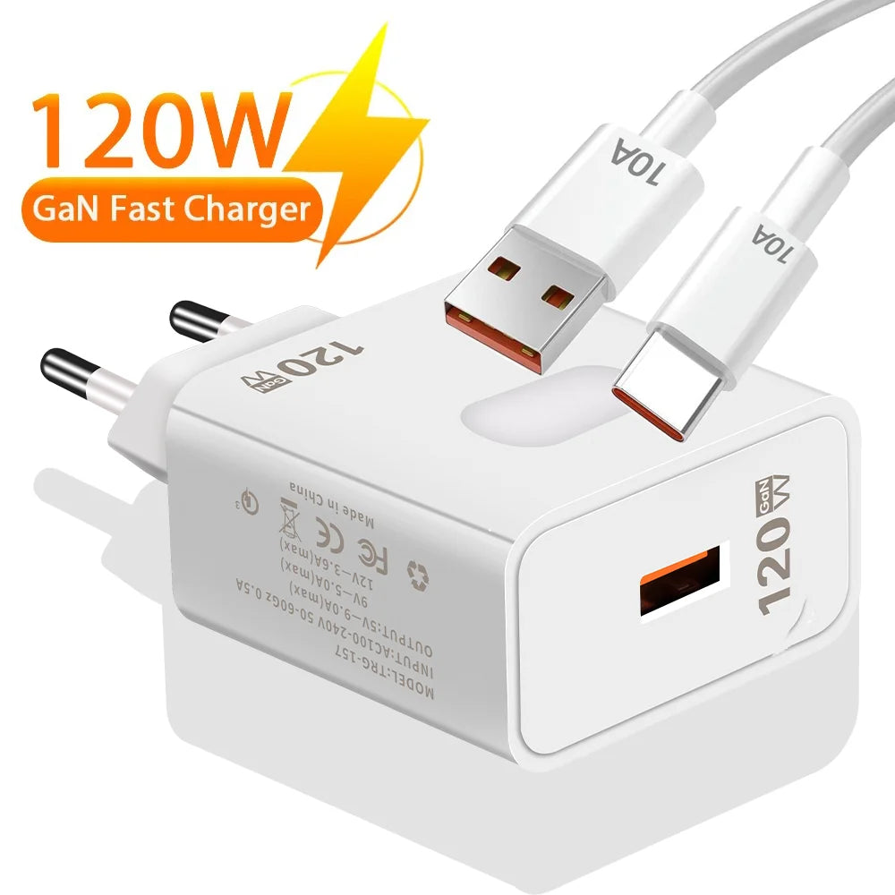 120W GaN USB Fast Charger with Type-C Cable – Quick Charge 3.0 Adapter for iPhone, Samsung, Xiaomi, Huawei