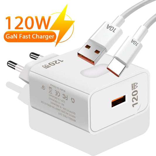 120W GaN USB Fast Charger with Type-C Cable – Quick Charge 3.0 Adapter for iPhone, Samsung, Xiaomi, Huawei
