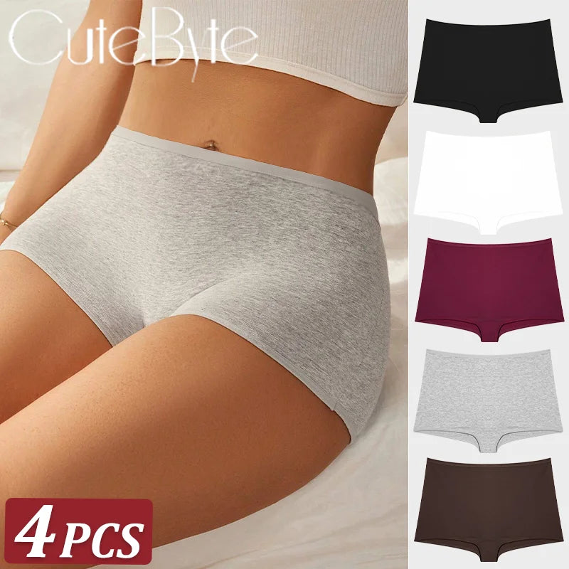 4PCS Women's Seamless Cotton Boxer Briefs Set – Soft & Sporty Boyshort Panty Underwear XS-XL