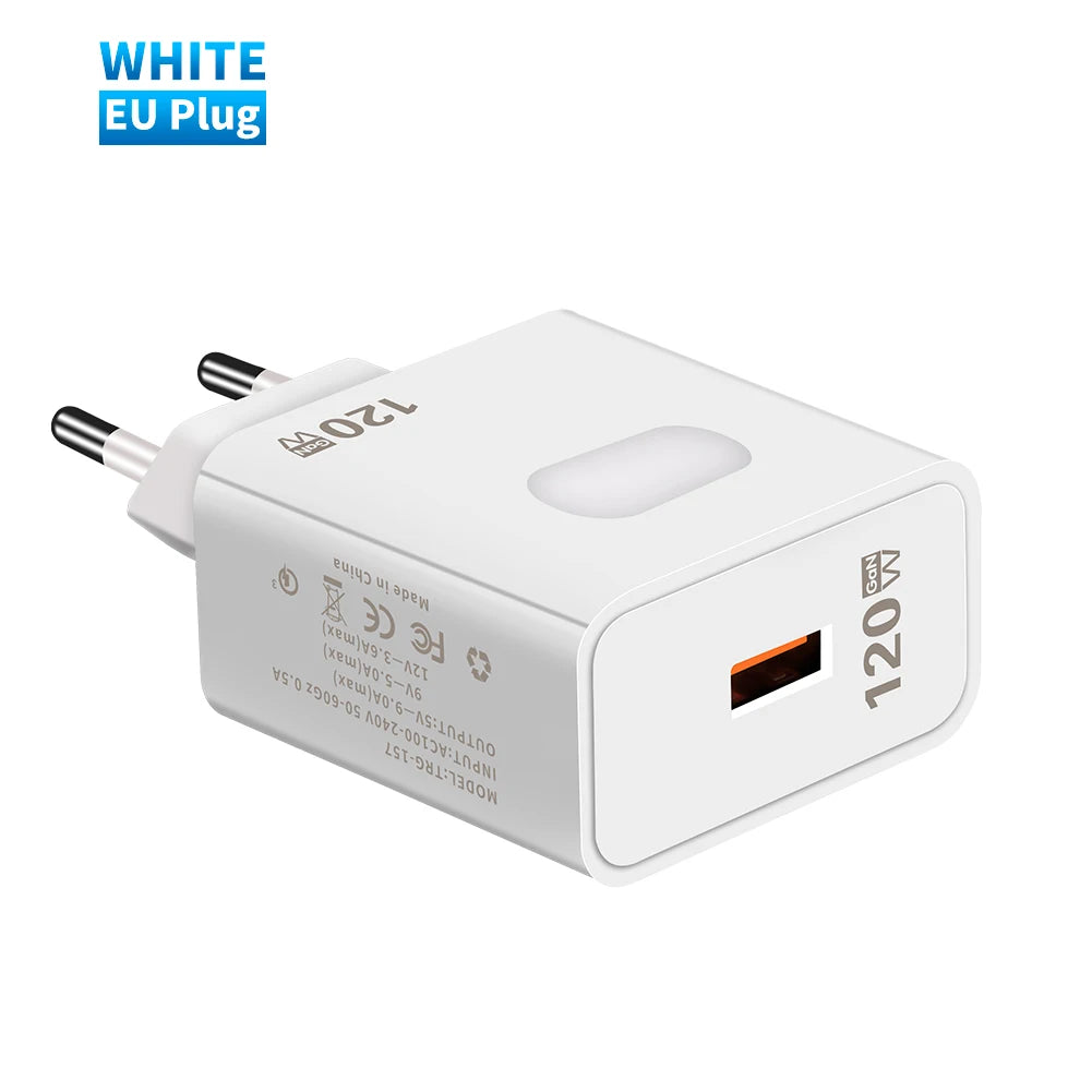 120W GaN USB Fast Charger with Type-C Cable – Quick Charge 3.0 Adapter for iPhone, Samsung, Xiaomi, Huawei