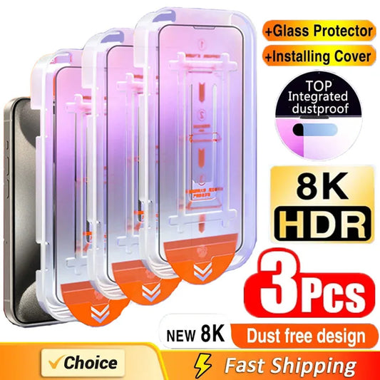 3Pcs Dust-Free Oleophobic Screen Protector for iPhone 13 14 15 Pro Max Mini XR 11 12 Plus 16