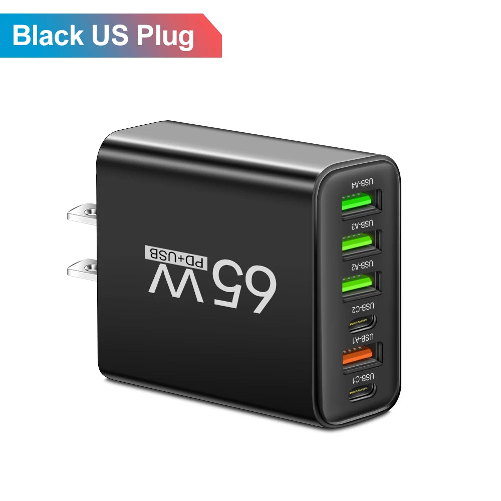 65W 6-in-1 Fast Charger – 4 USB & 2 Type-C Quick Charge Adapter for iPhone Samsung Xiaomi
