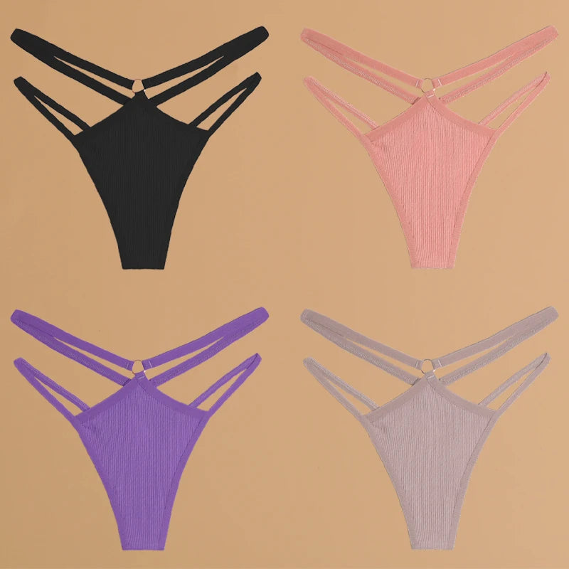 4Pcs Double Belt Thongs Panty Set – Cotton , Low Waist, Breathable Comfort Underwear For Women