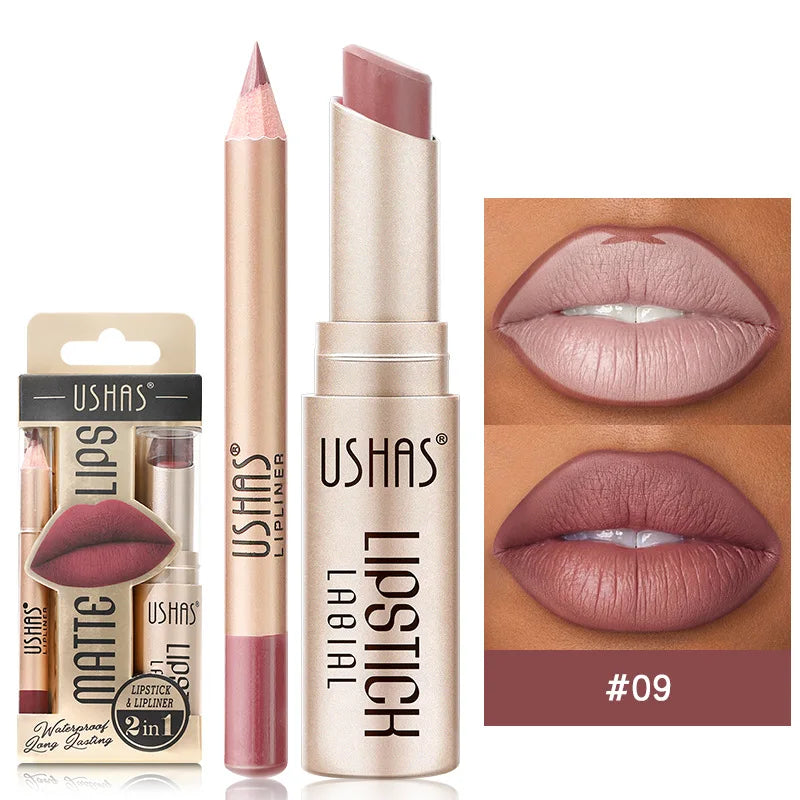 USHAS 12-Color Lip Liner & Lipstick Set – Matte, Long-Lasting & Easy to Apply