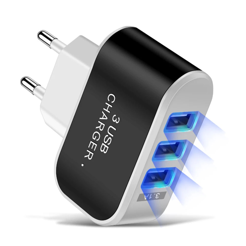 3-Port USB LED Travel Charger Adapter β Portable, Fast Charging, Universal for All Phones