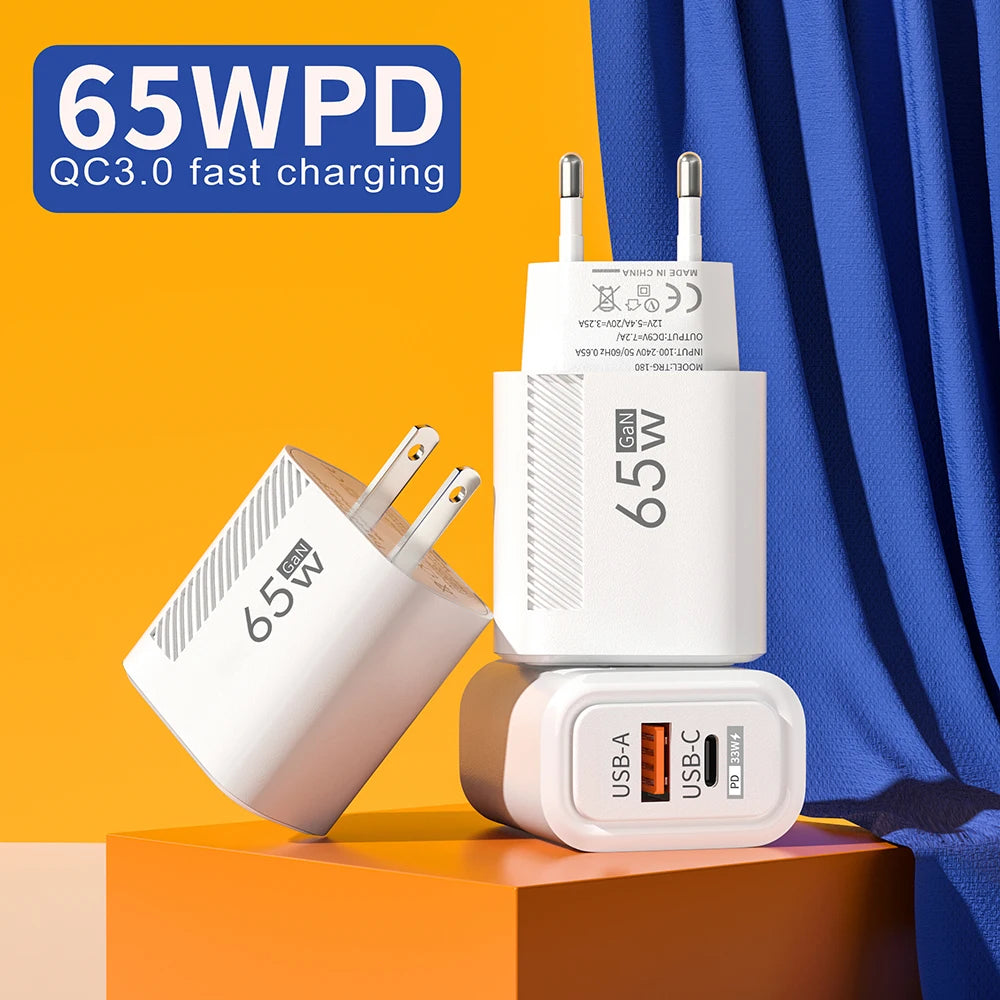 65W GaN USB C Fast Charger – Quick Charge Adapter for iPhone, Samsung, Xiaomi (EU/US Plug)