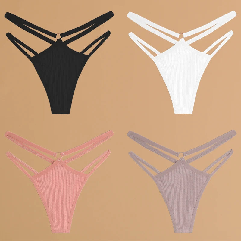 4Pcs Double Belt Thongs Panty Set – Cotton , Low Waist, Breathable Comfort Underwear For Women