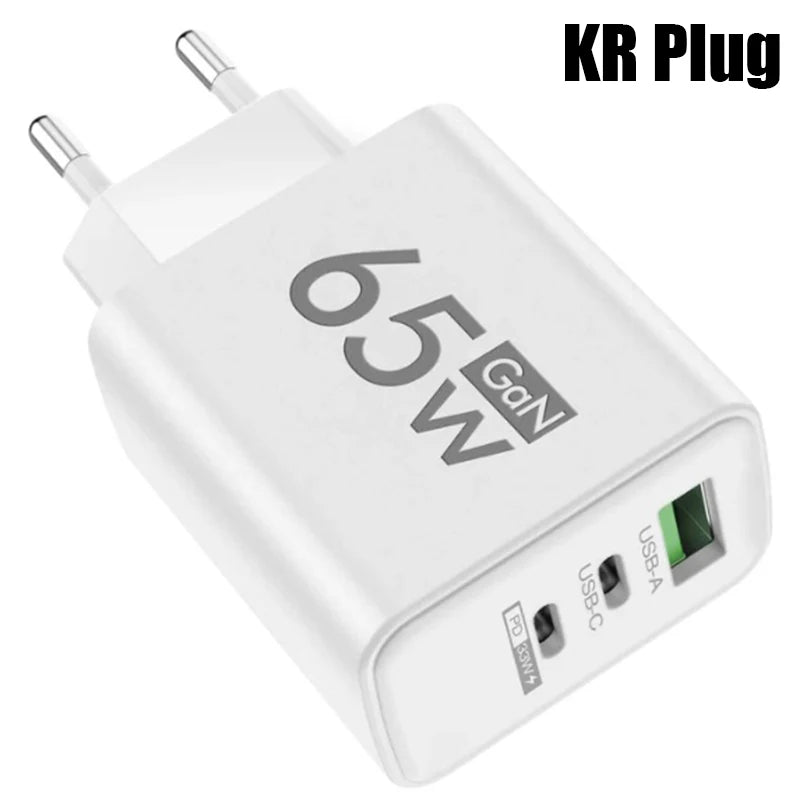 65W GaN Fast Charger USB-C PD 3.0 Quick Charge Adapter for iPhone /Samsung/Xiaomi