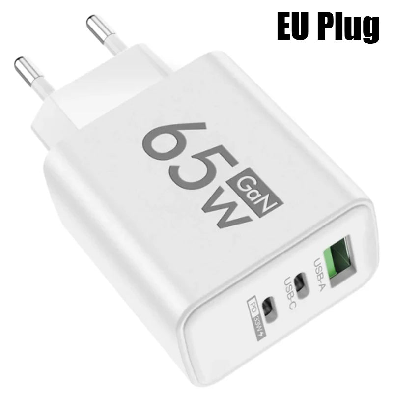 65W GaN Fast Charger USB-C PD 3.0 Quick Charge Adapter for iPhone /Samsung/Xiaomi