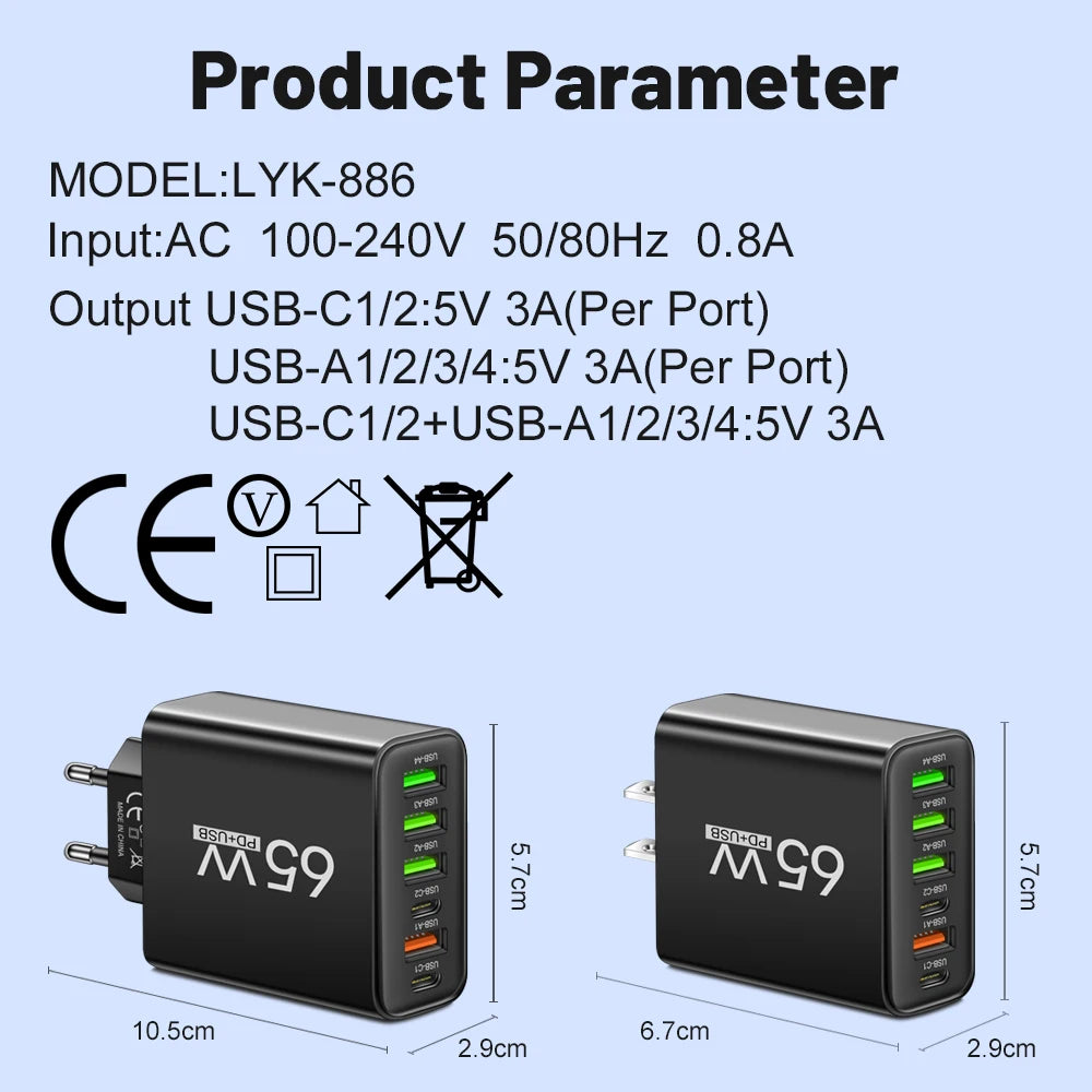 65W 6-in-1 Fast Charger – 4 USB & 2 Type-C Quick Charge Adapter for iPhone Samsung Xiaomi