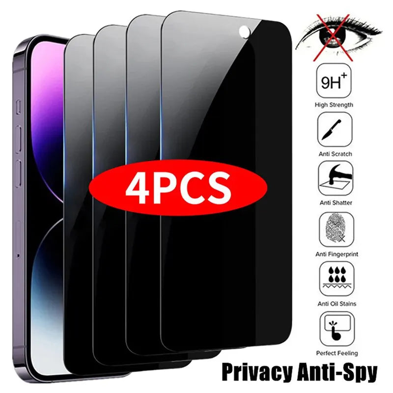 4PCS Privacy Screen Protector for iPhone 16/1514/13/12/11 Pro Max – Anti-Spy Tempered Glass