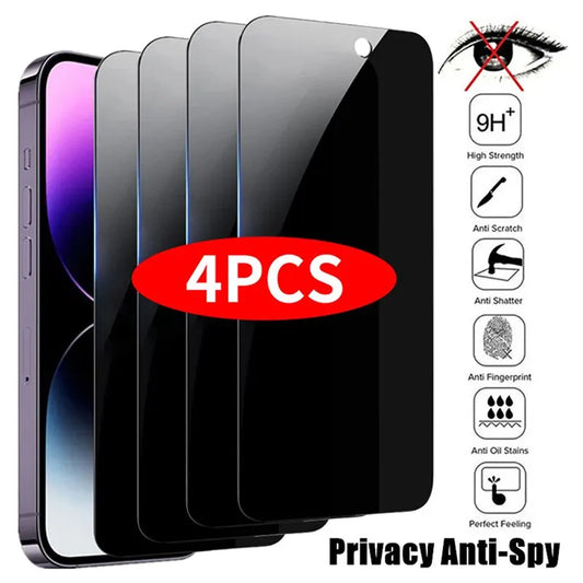 4PCS Privacy Screen Protector for iPhone 16/1514/13/12/11 Pro Max – Anti-Spy Tempered Glass