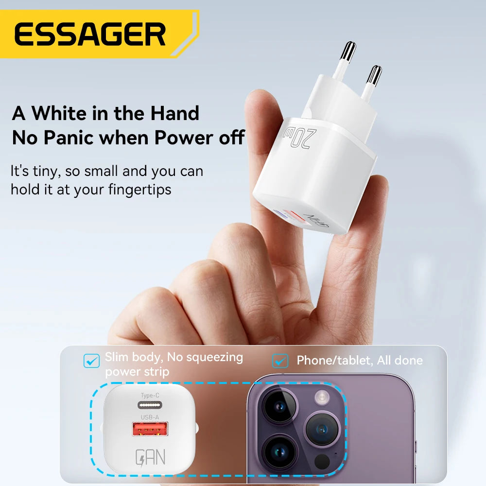Essager 20W GaN Fast Charger | USB-C PD Quick Charge for iPhone & iPad