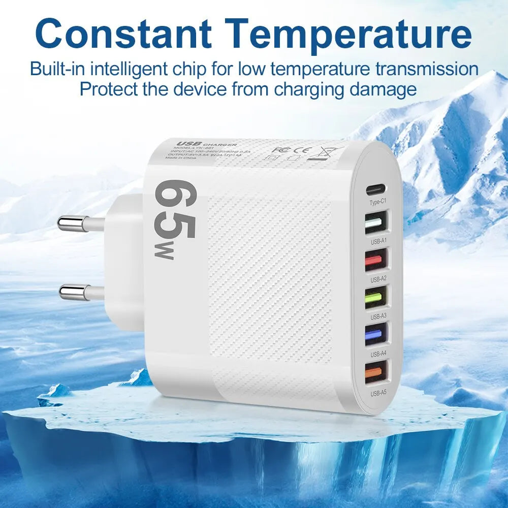 5-Port 3.1A USB Wall Charger QC 3.0 Fast Charging Adapter for iPhone, Xiaomi, Samsung