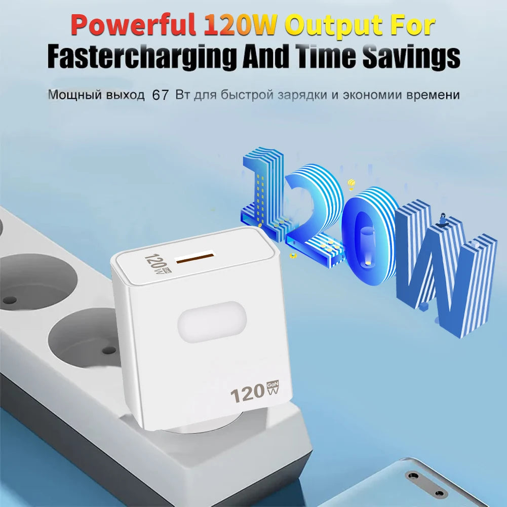 120W GaN USB Fast Charger with Type-C Cable – Quick Charge 3.0 Adapter for iPhone, Samsung, Xiaomi, Huawei