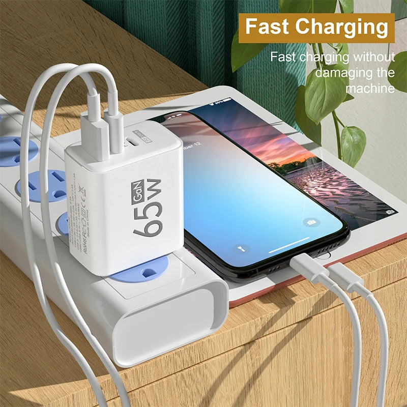 65W GaN Fast Charger USB-C PD 3.0 Quick Charge Adapter for iPhone /Samsung/Xiaomi