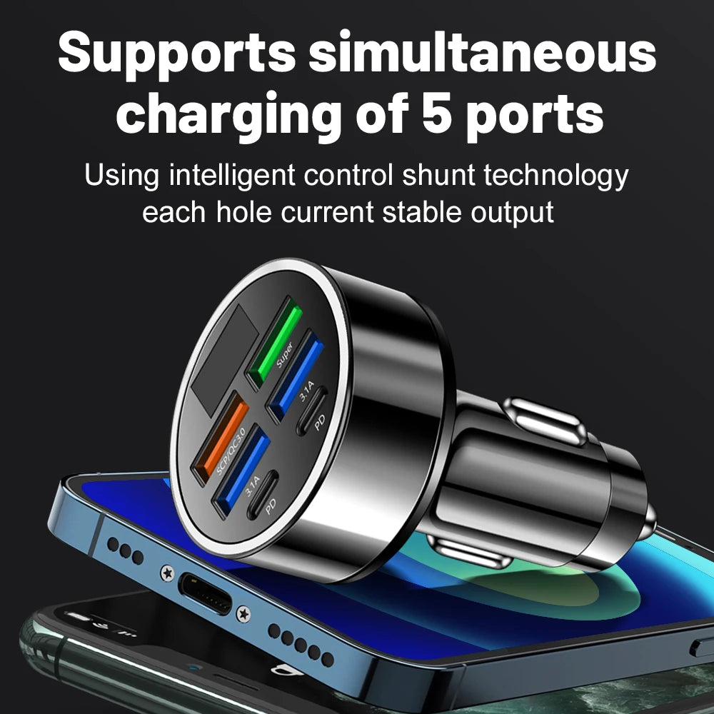 100W 6-Port Car Charger | Fast PD QC3.0 USB-C Adapter for iPhone Samsung Xiaomi Huawei
