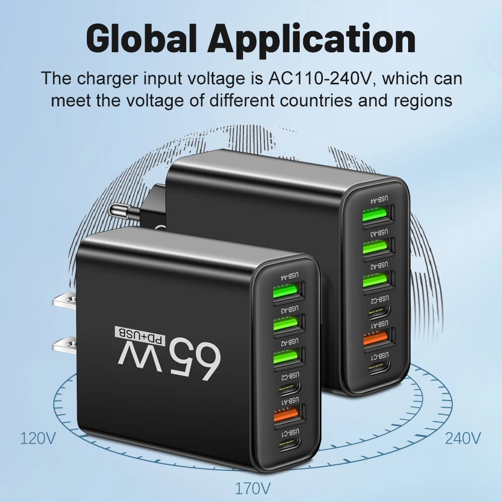 65W 6-in-1 Fast Charger – 4 USB & 2 Type-C Quick Charge Adapter for iPhone Samsung Xiaomi
