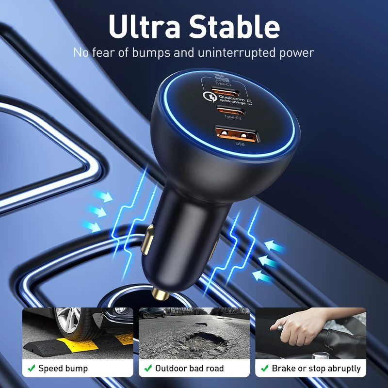 Baseus 160W Fast Car Charger QC 5.0 PD3.0 PPS Type-C Adapter for iPhone 13-15 Pro & Laptops