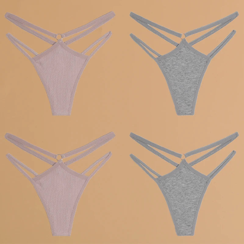 4Pcs Double Belt Thongs Panty Set – Cotton , Low Waist, Breathable Comfort Underwear For Women