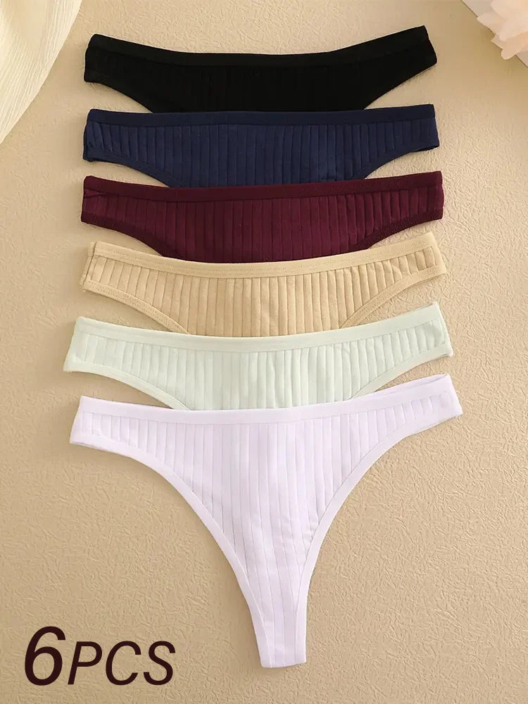 6PCS Low-Rise Thong Set – Soft, Ribbed, G-String Cotton Underwear