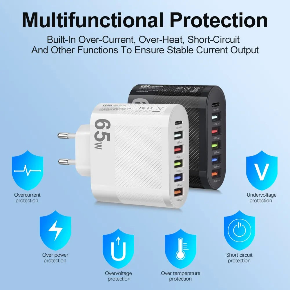 5-Port 3.1A USB Wall Charger QC 3.0 Fast Charging Adapter for iPhone, Xiaomi, Samsung