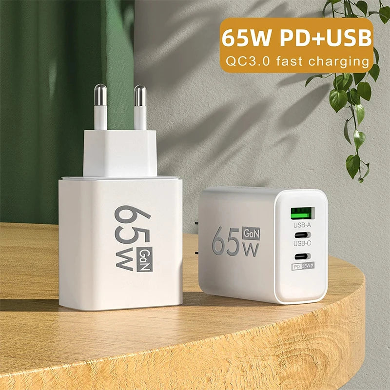 65W GaN Fast Charger USB-C PD 3.0 Quick Charge Adapter for iPhone /Samsung/Xiaomi