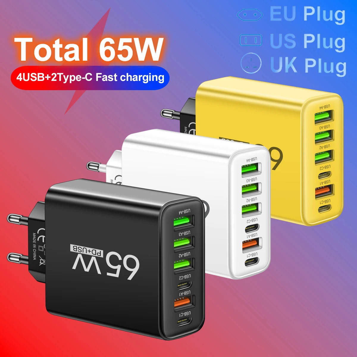 65W 6-in-1 Fast Charger – 4 USB & 2 Type-C Quick Charge Adapter for iPhone Samsung Xiaomi