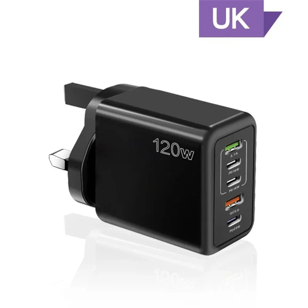 Type-C 120W USB Wall Charger 5 Ports Fast Charging Adapter | Rapid Charging for iPhone, Android & More