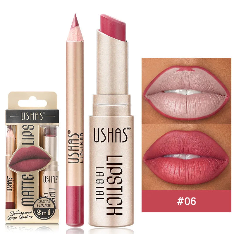 USHAS 12-Color Lip Liner & Lipstick Set – Matte, Long-Lasting & Easy to Apply