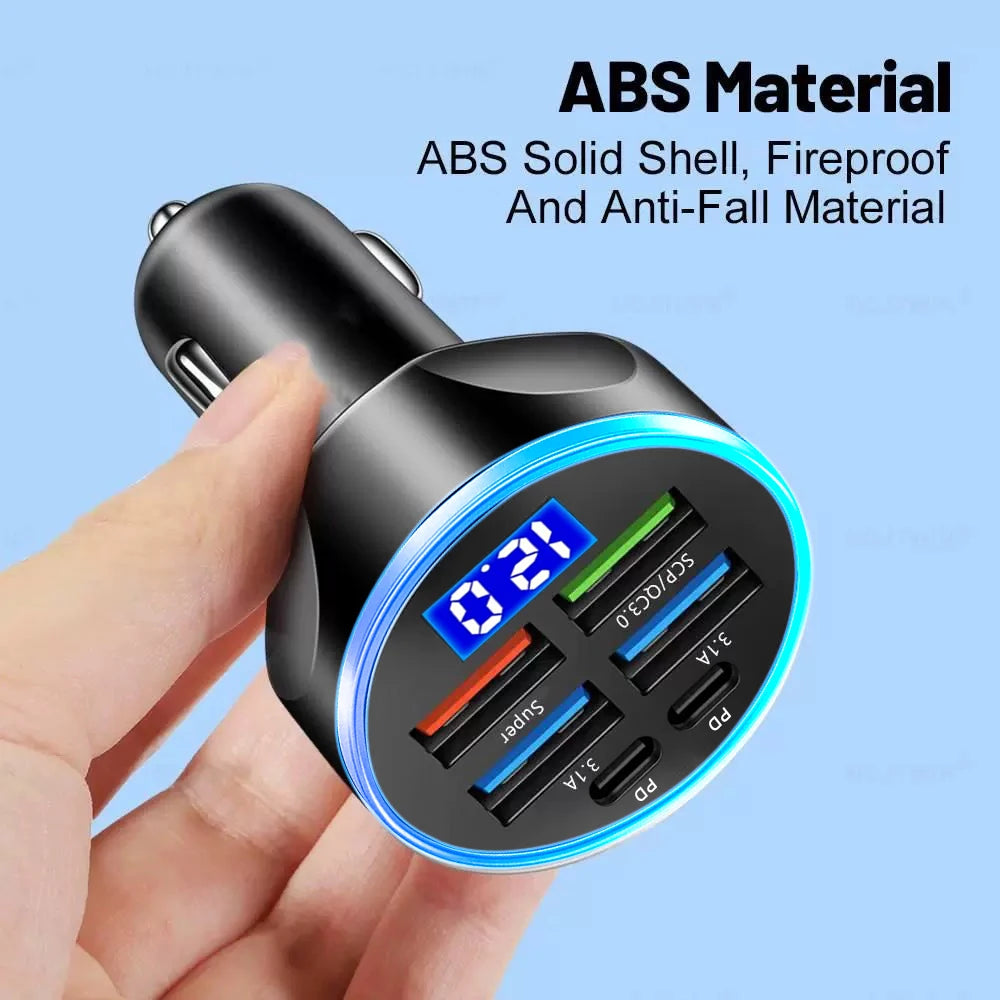 250W PD Car Charger with QC3.0 Fast Charge – 2 to 6 Port Lighter Adapter with Digital Display
