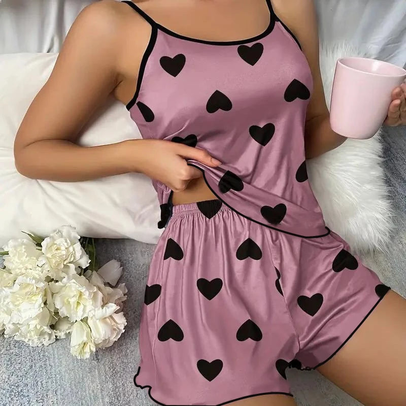 Chic Heart Print T-Shirts Shorts Set – Cool & Comfy Nightwear