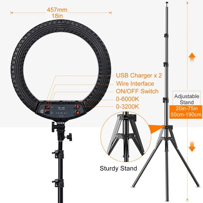 18 inch LED Ring Light with Tripod – 55W Dimmable for Makeup, Vlogging & Photography