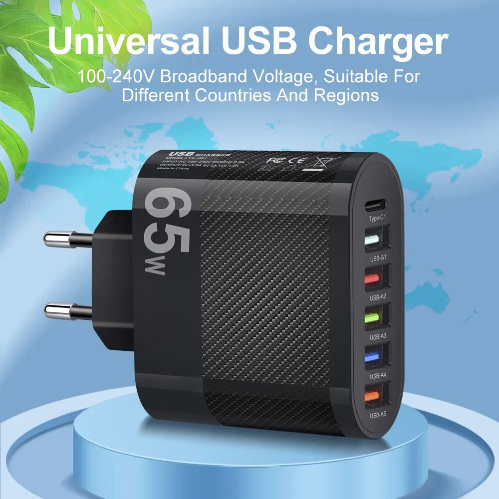 5-Port 3.1A USB Wall Charger QC 3.0 Fast Charging Adapter for iPhone, Xiaomi, Samsung