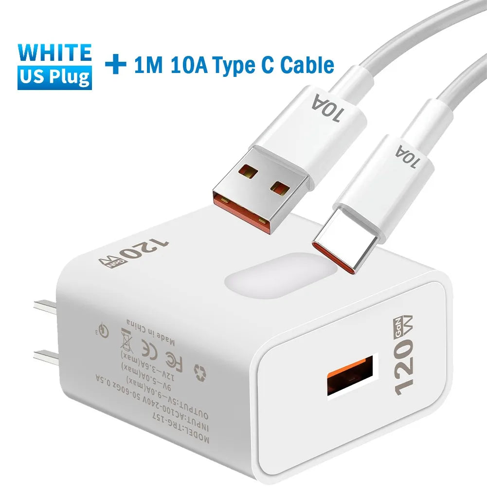 120W GaN USB Fast Charger with Type-C Cable – Quick Charge 3.0 Adapter for iPhone, Samsung, Xiaomi, Huawei
